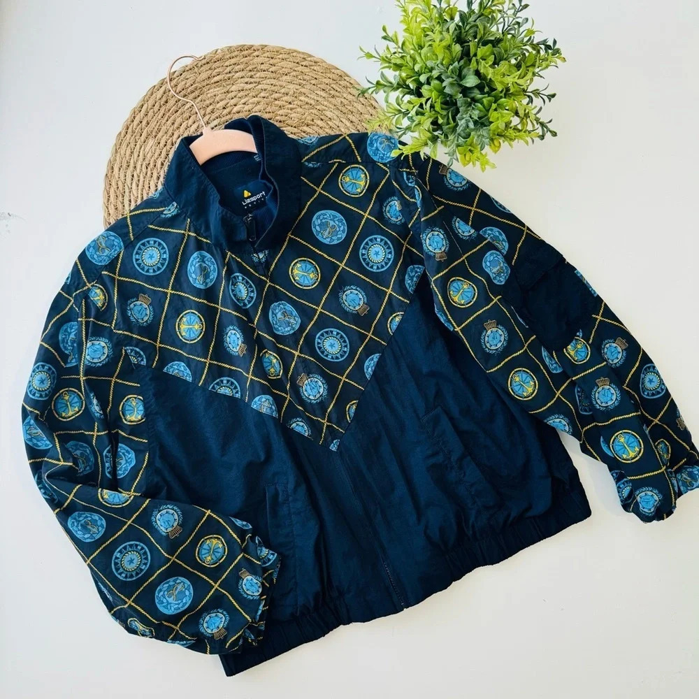 90s Vintage LizSport Blue Nautical Bomber Windbreaker Jacket Size Medium Petite‎